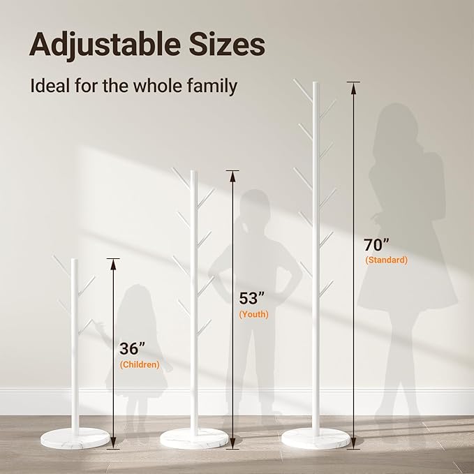 ELYKEN Coat Rack Freestanding with Natural Marble Base, Metal Coat Rack Stand with 10 Hooks, 3 Adjustable Size Coat Tree for Bags, Clothes, and Hats for Entryway, Bedroom, Hallway, Office, White