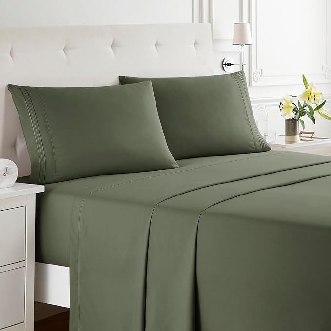 Clara Clark Bed Sheets, Premier 1800 Series Bed Sheet Set, Deep Pocket, Wrinkle, Fade, Stain Resistant, Luxury Soft Bedding Sheets & Pillowcases, California King, Olive Green
