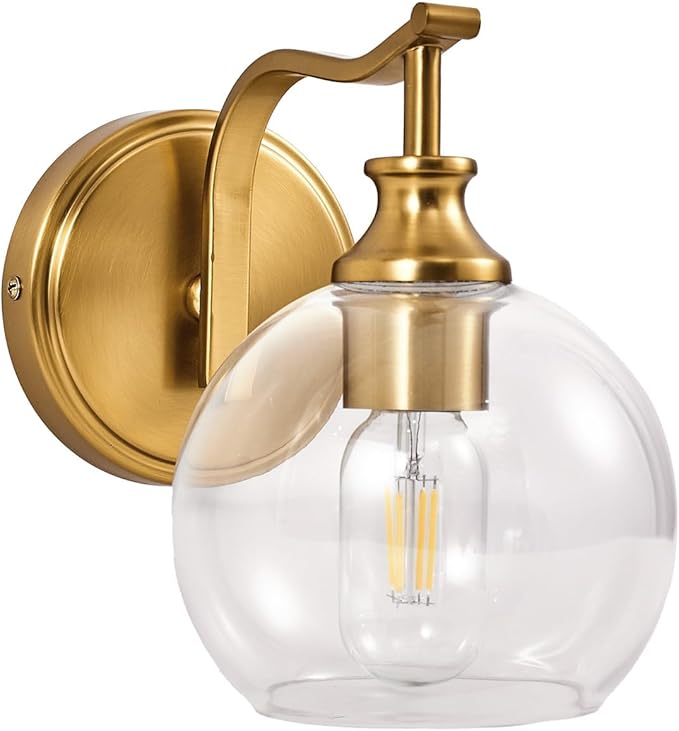 ANDY STAR Brushed Gold Bathroom Light Fixtures, Brass Vanity Lights for Mirror, 1-Light Bathroom Wall Sconces Lighting with Globe Clear Shade Up or Down Wall Mounted for Kitchen, Living Room, Hallway