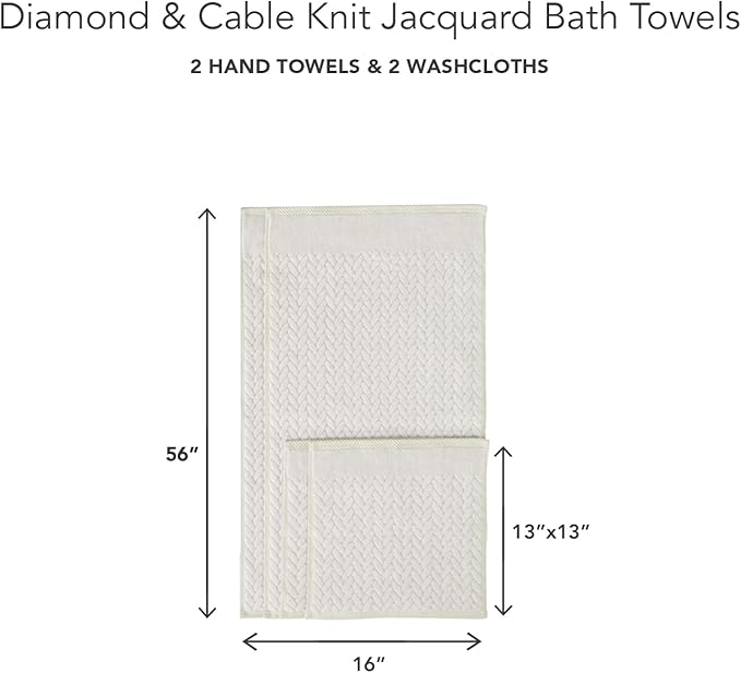 Texere 100% Organic Cotton Diamond Jacquard 700 GSM Luxury Bath Towel Sets - Ultra Soft and Absorbent Hotel and Spa Quality (Diamond, Cream, 2 Hand & 2 Face Towels)
