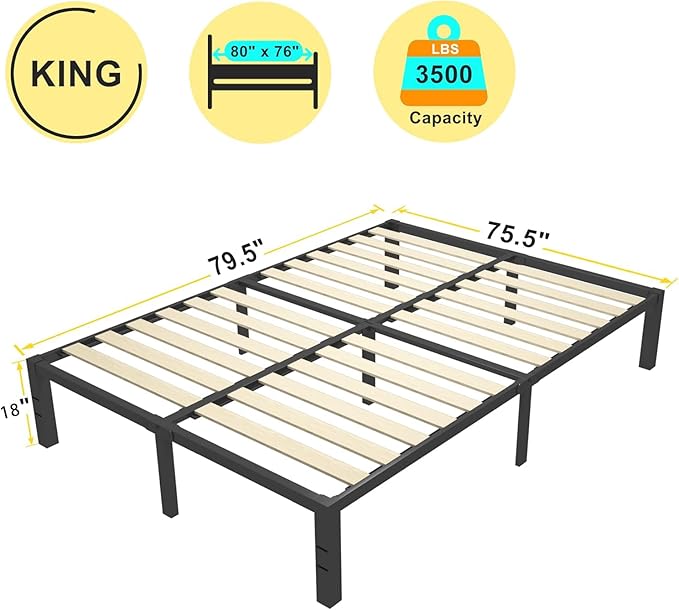 ROIL 18 inch King Bed Frames Wood with Wooden Slats - 3500lbs Heavy Duty No Box Spring Needed Metal Platform, Mattress Stoppers Iron Noise Free Bedframe, Headboard Hole Underneath Storage