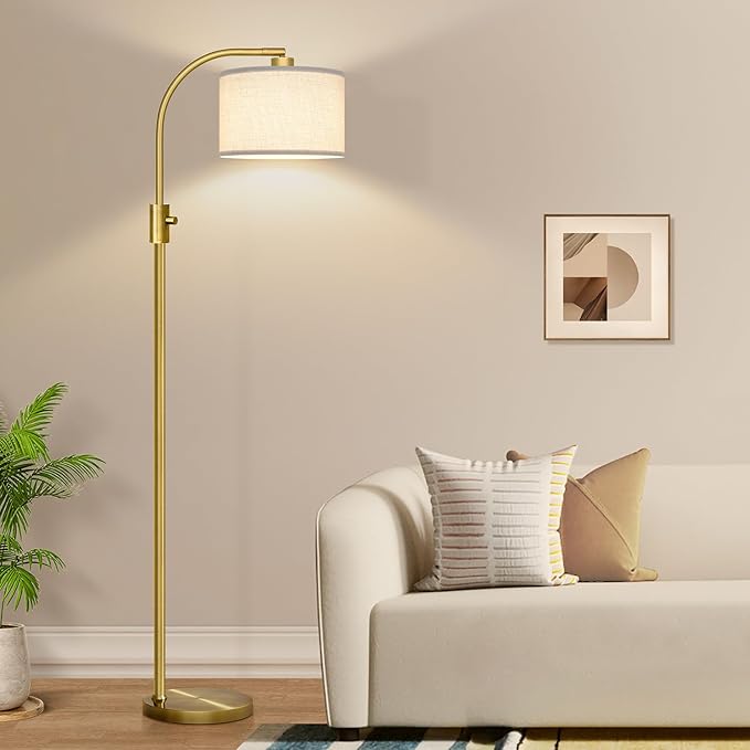 Brass Arc Floor Lamp - Dimmable LED with White Shade for Living Room, Bedroom, Office & More