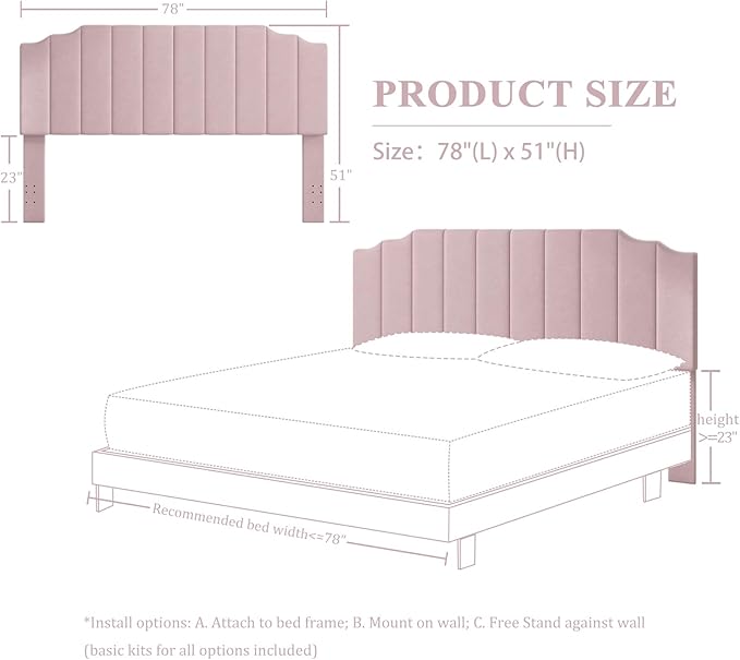 King Size Headboard Only, Velvet Wall Mounted Headboard King for Adjustable Bed Modern Upholstered Head Board Easy Assembly, Pink