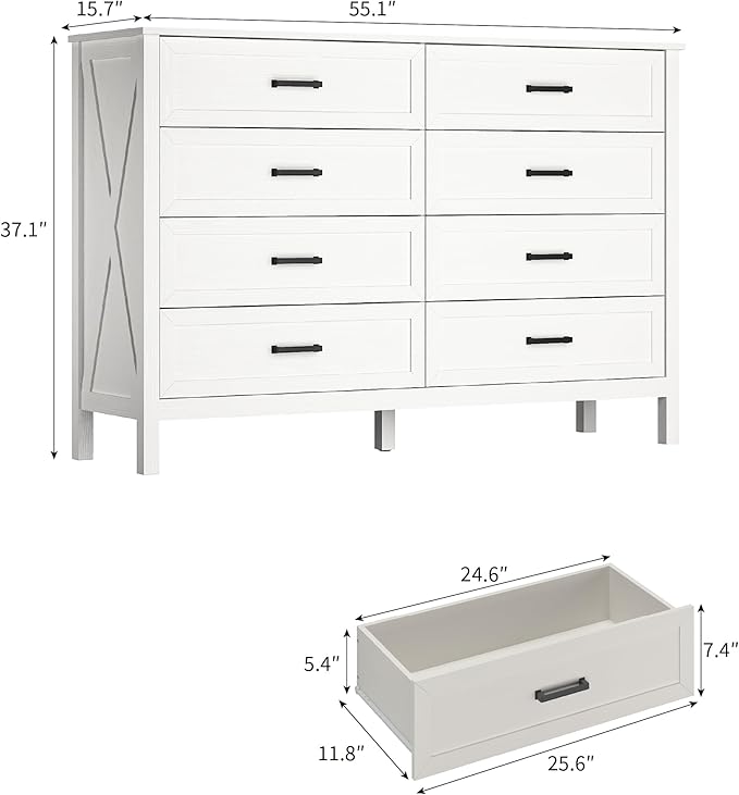 Farmhouse 8 Drawers Dresser for Bedroom, 55 Inch Wood Rustic Wide Chest with Natural Texture, Large Dressers for Bedroom, Hallway, Entryway, White