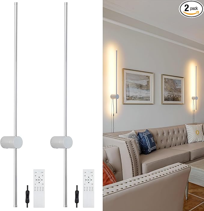 Modern Chrome Plug in Wall Sconce with Remote, Dimmable 31.5" LED Wall Sconces Set of Two with Memory Function, Adjustable Color Temperature Brightness, Timer, 350° Rotate, Hardwire or Plug-in