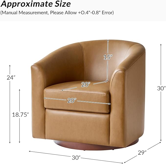 HULALA HOME Faux Leather Swivel Accent Chairs Set of 2 with Solid Wood Base, Round Swivel Barrel Chairs for Living Room and Bedroom, Camel