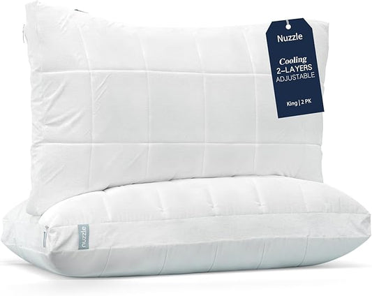 Nuzzle Cooling Adjustable Pillows for Side Sleepers, Luxury King Size Set of 2 Bed Pillows Hotel Collection - Best Adjust Height Soft Firm Pillows for Back, Stomach and Side Sleepers