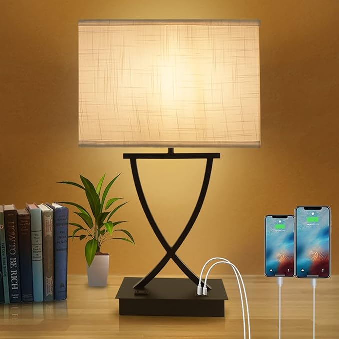 3-Way Dimmable Touch Control Medium Table Lamp with Type C/USB Charging Port and 1 AC Outlet White Shade 21.38" Bedside Nightstand Lamp for Bedroom Living Room Office and Hotel Bulb Included