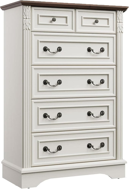BLANKSPACE Farmhouse Dresser with 6 Drawers, Antique White Dresser for Bedroom, Hallway, Living Room, or Office Storage
