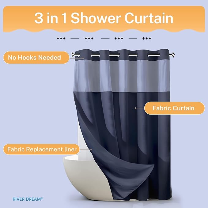 River Dream Heavyweight Navy Blue No Hooks Required Dotted Waffle Weave Shower Curtain with Snap in Liner - 71W x 74H,Hotel Grade,Spa Like Bath Curtain