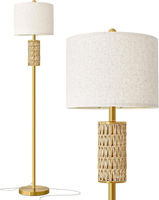 Oneach 62” Modern Floor Lamp for Living Room, Gold Boho Standing Lamp with Unique Rattan Design, Rotary Switch, Farmhouse Tall Lamps for Bedroom Office Dining Room (Without Bulb)
