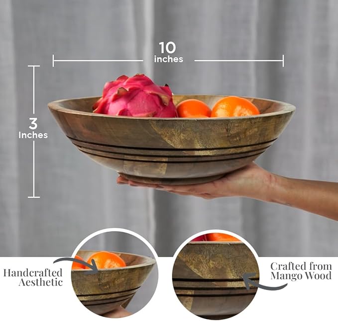 Folkulture Wooden Fruit Bowl for Kitchen Counter | 11" Large Premium Eco Friendly Banana Fruit Basket for Kitchen | Mango Wood Bowl for Table Decor, Centerpiece for Dining Table