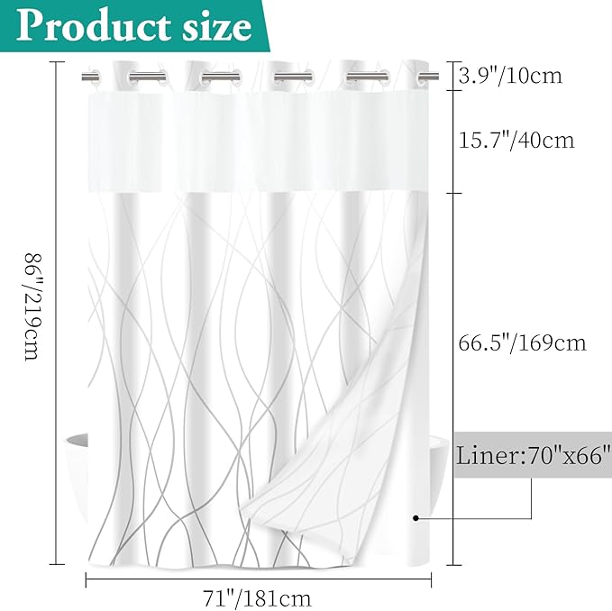 No Hook Ombre Grey White Striped Long Shower Curtain with Snap in Liner Set - Hotel Shower Curtain and Liner Set with See Through Mesh Top Window,Machine Washable, 71x86 INCH