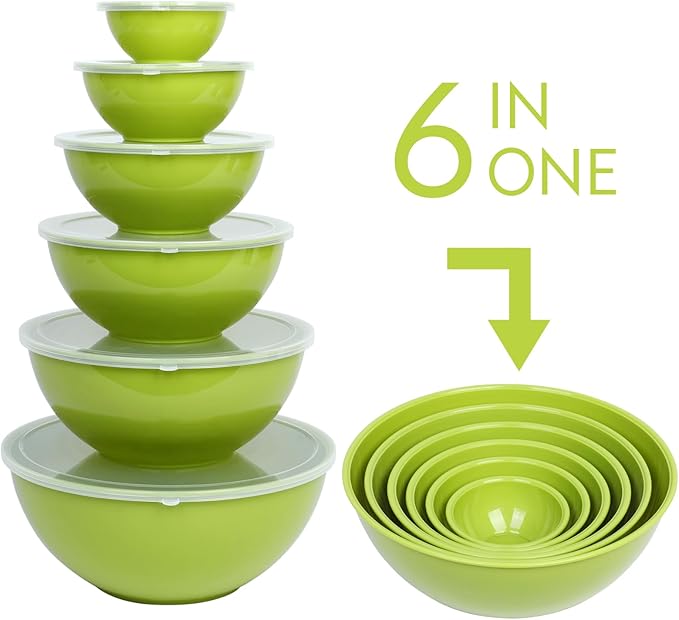 BoxedHome BPA Free Plastic Round Mixing Bowl with Lids, 12 Pack Nesting Bowls with Lids Set, Microwave and Dishwasher Safe Prep & Serving Bowls Great for Mixing, Baking, Serving (Light Green, 12pcs)