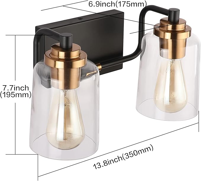 SOLFART Vintage Bathroom Vanity Light Black Bathroom Light fixtures Over Mirror Metal with Clear Glass Brass Fixtures Wall Mount Wall Lighting Sconce (2 Lights)
