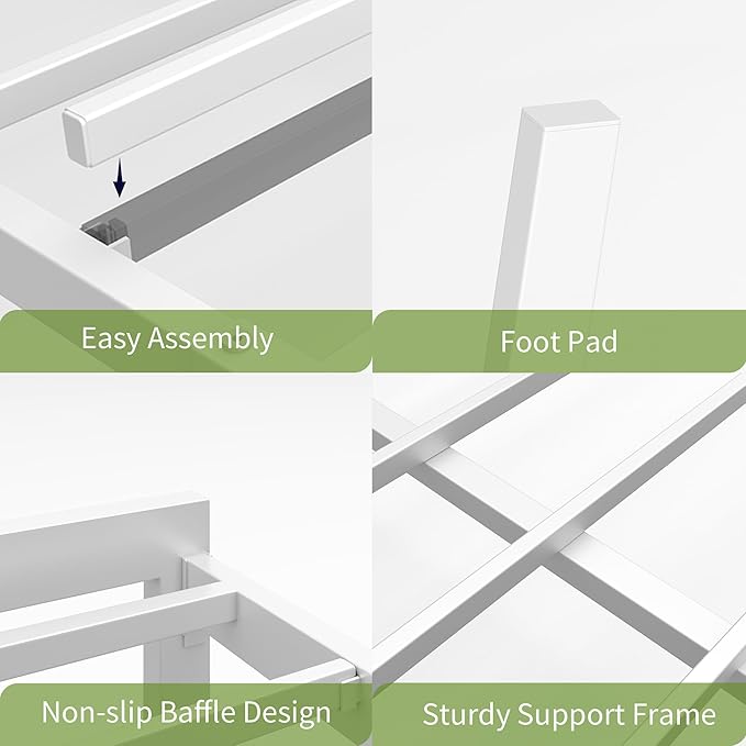 Queen White Metal Bed Frame with USB Charging Station, LED Ambient Lighting, and Wooden Storage Headboard - Includes Under-Bed Storage, No Box Spring Needed, Noise Free, Easy to Assemble