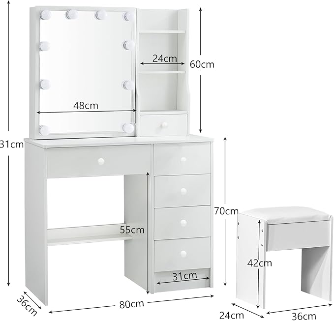 Vanity Desk with Mirror, Lights Bulbs and 10 Lights Makeup Vanity Table with 6 Drawers and 6 Storage Shelves, 3 Color Modes Available for Bedroom Dressing Room, White