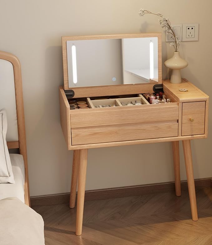 Wood Vanity Desk with Mirror and Lights, Dressing Vanity Table Vanity Set 4 Drawers, 32 Inch Large Make Up Vanity Table Wooden with 3 Lighting Modes (32 inch Wide Original Wood)