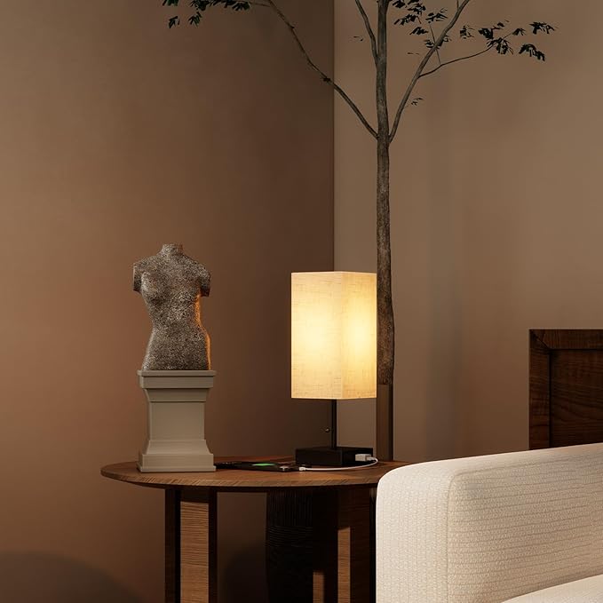 Table Lamp for Bedroom,Nightstand Lamp for Bedside with AC Outlets,Adjustable 3color LED Light Desk Lamp for Home Decor,Included Bulb and Lamp Shade (Linen White-onlyAC, 2PCS)