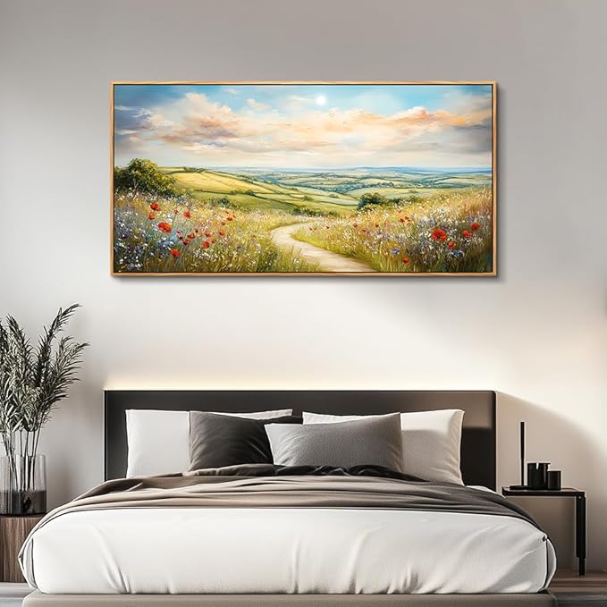 PHAOHUAXM Large Canvas Wall Art For Living Room Wall Decoration For Bedroom Pastoral Mountain Path Landscape Painting Wood Framed Farmhouse Restaurant Wall Pictures Print Artwork Home Decor 24"X48"