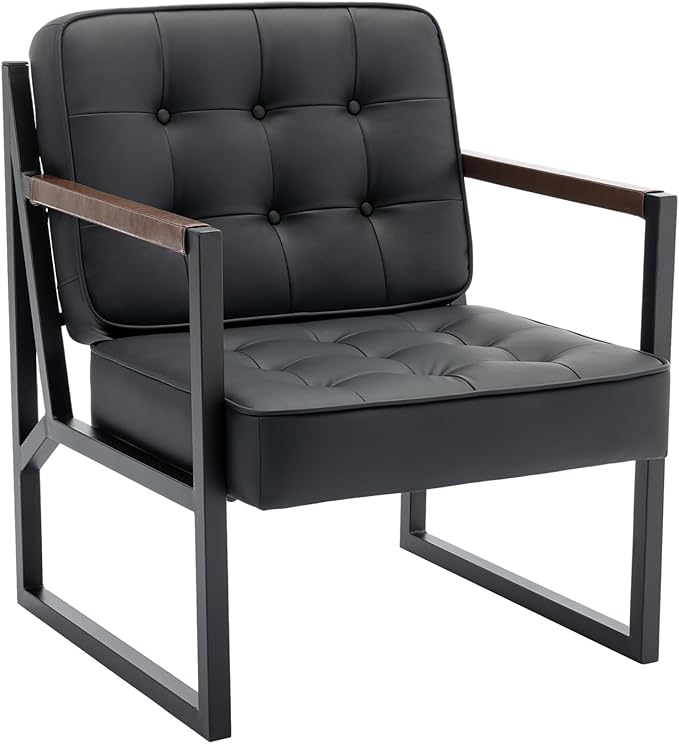 COLAMY Mid Century Modern Accent Chair Set of 2, Comfy Living Room Chair, Black Leather Accent Chair, Faux Leather Reception Armchair with Metal Legs for Living Room Bedroom Reception Office, Black