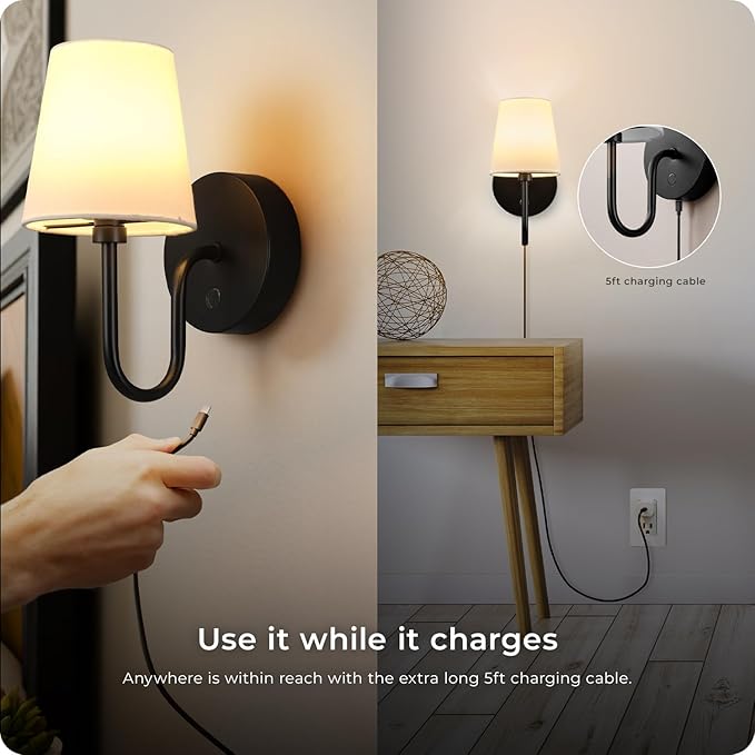 GLOBE Electric 65000132 Rechargeable Battery Wall Sconce, Integrated LED, Matte Black Finish, White Fabric Shade, 3-Step Touch Dimming, Timer, USB-C Charging, Wireless Modern Lighting