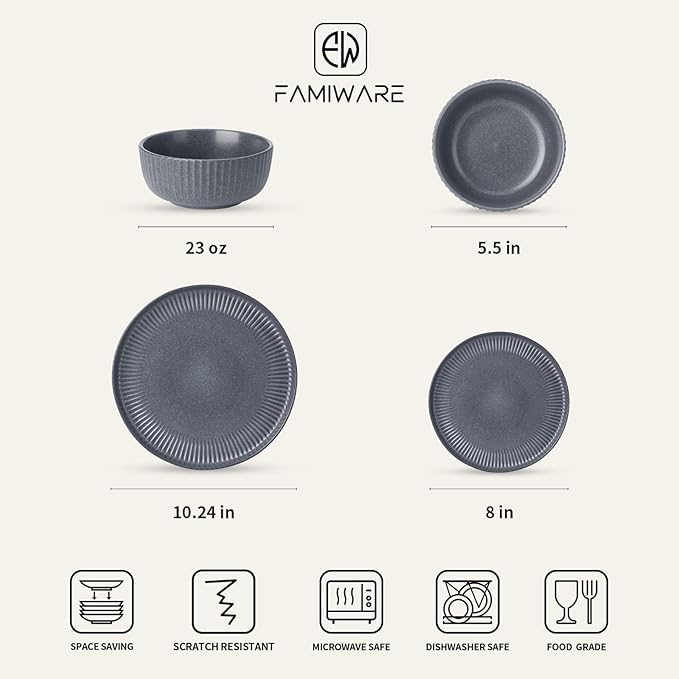Famiware Starlight Dinnerware Sets, Plates and Bowls Dish Set of 6 (18 Pieces), Ribbed Textured Tableware - Dishwasher & Microwave Safe, Chip Resistant, Reactive Glaze, Matte Midnight Grey