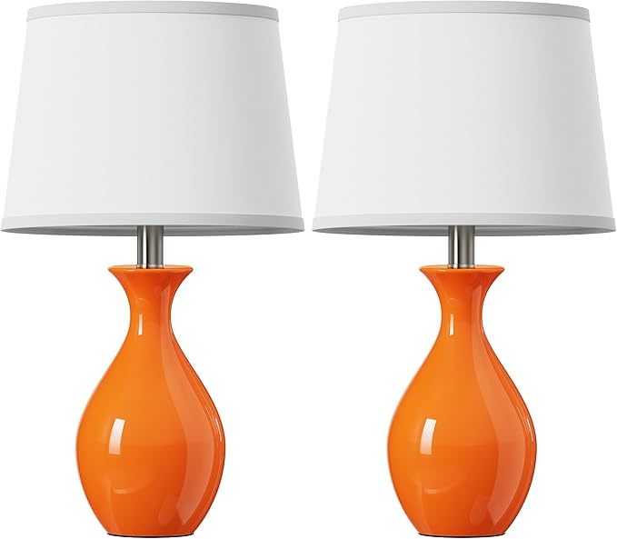 PARTPHONER Table Lamp Set of 2, Modern Ceramic Bedside Lamps for Night Stands, Classic Small Lamp Nightstand Lamp for Bedroom Living Room Desk End Table Rocker Swtich Orange