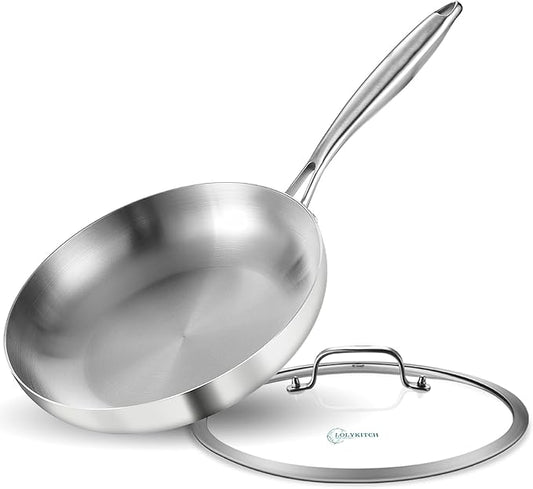 LOLYKITCH 11 Inch Tri-ply Stainless Steel Frying Pan with Lid,Skillet,Induction Cooking Pan,Dishwasher and Oven Safe,Detachable Handle