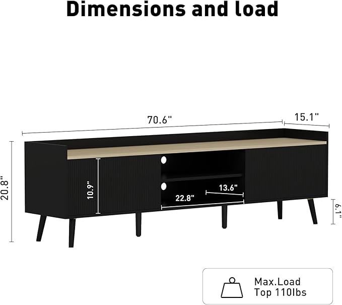 Bonzy Home 70'' Fluted TV Stand Modern Entertainment Center with Sliding Doors & Storage for up to 75'' TV, Media TV Console for Living Room & Bedroom, Black