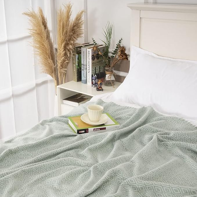 Gealaek Decorative Diamond Lattice Faux Cashmere Throw Blanket Honeydew Fringe Lightweight Fuzzy Soft Cozy Throws for Sofa Bed Farmhouse Throw Blanket 50" x 60"