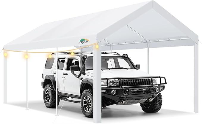 COBIZI Carports 10x20 Heavy Duty Car Tent Garage, Galvanized Frame Car Canopy Outdoor Shelter Waterproof & UV Protected with Windproof Ropes & Built-in Sandbags for Car Truck Boat, White