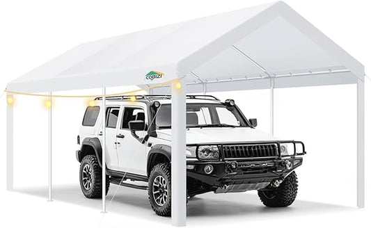 COBIZI Carports 10x20 Heavy Duty Car Tent Garage, Galvanized Frame Car Canopy Outdoor Shelter Waterproof & UV Protected with Windproof Ropes & Built-in Sandbags for Car Truck Boat, White