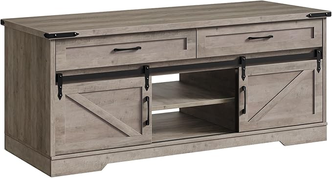 47" Farmhouse Coffee Table with Storage and 2 Drawers, Large Rustic Center Table with Sliding Barn Doors & Open Compartments, Wooden Coffee Table for Living Room, Greige