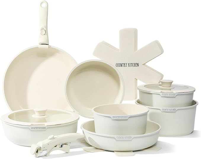 Country Kitchen Cookware Set with Removable Handle, Oven & RV Safe Pots and Pans Set, Cream, Deluxe Larger Set