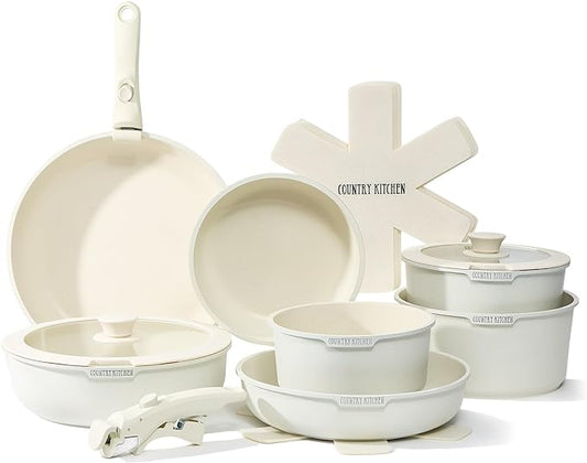 Country Kitchen Cookware Set with Removable Handle, Oven & RV Safe Pots and Pans Set, Cream, Deluxe Larger Set