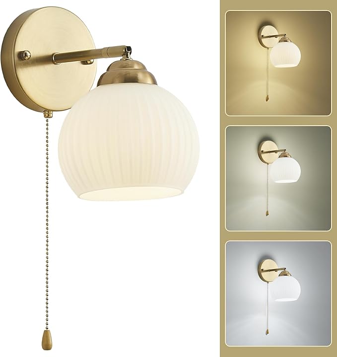 Gold Wall Sconce, mid Century Modern Sconce with Hand Pull Switch Indoor Wall Sconce for Bedroom Bedside Bathroom Kitchen Vanity Hallway Wall Mounted Light Fixture