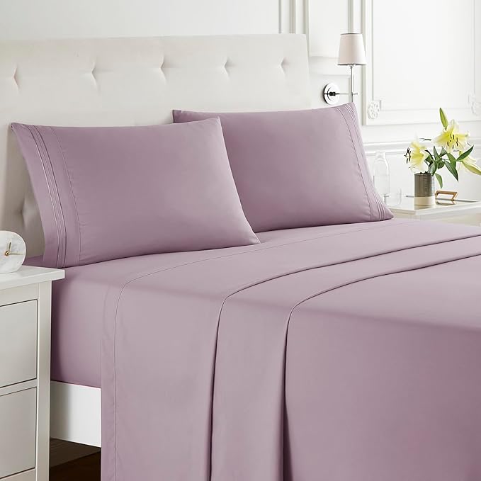 Clara Clark Bed Sheets, Premier 1800 Series Bed Sheet Set, Deep Pocket, Wrinkle, Fade, Stain Resistant, Luxury Soft Bedding Sheets & Pillowcases, Queen, Dusty Purple