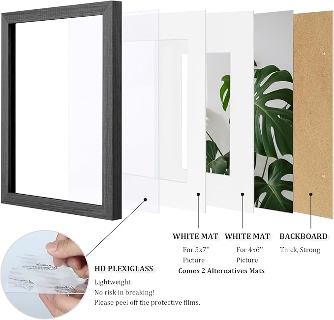Egofine 8x10 Picture Frame Made of Solid Wood with Plexiglass, Display Pictures 4x6/5x7 with Mat or 8x10 Without Mat for Tabletop and Wall Mounting, Rustic Black