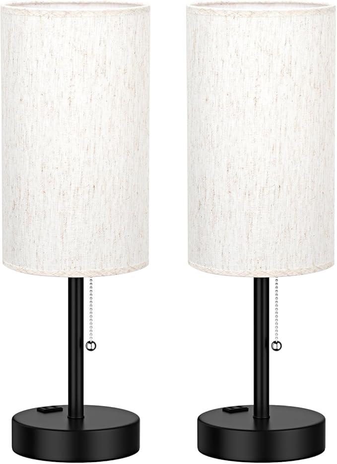 Plus Bedside Table Lamps Set of 2-3 Color Temperatures Pull Chain Lamp with AC Outlet Charging Port, Round Night Stand Lamps for Bedroom Guest Room Office, Bed Side Light with E26 LED Bulbs