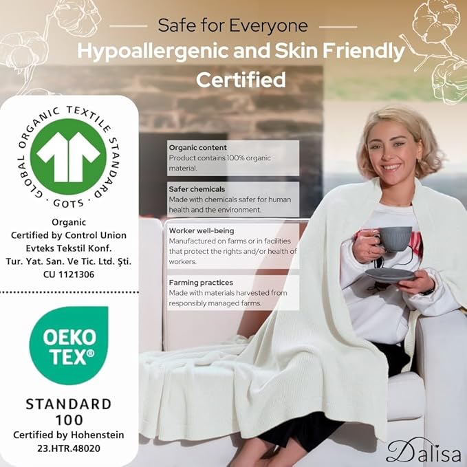 Dalisa 100% Organic Turkish Cotton Throw Blanket - GOTS Certified, Cozy - Perfect for Couch, Bed, and Home Decor - Boho Vintage Knit Alina (White, 50x60)