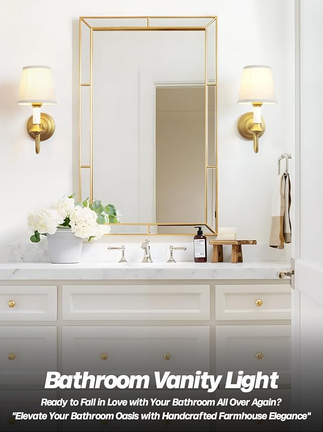 Vintage Fabric Wall Sconce Light with Curved Arm, Rustic Linen Cloth Wall Light Fixtures, Hardwired Brass Wall Mounted Lamp for Bathroom Vanity Bedroom Living Room