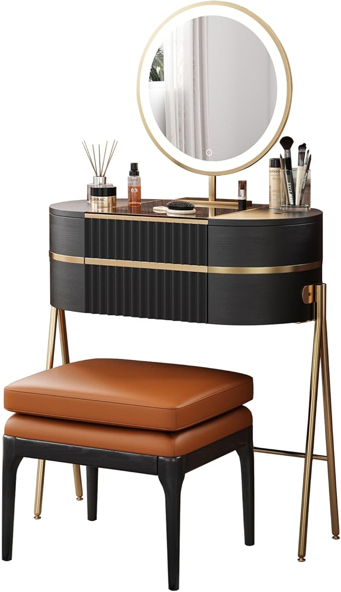 Makeup Vanity with Mirror and Lights - with LED Mirror,Glass Top for Bedroom,Stainless Steel Foot，White Wax Wood Stool