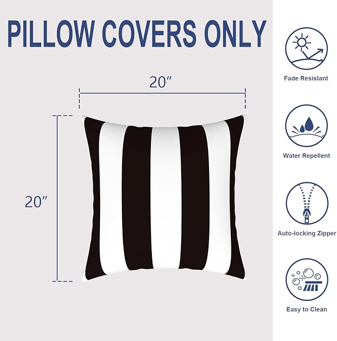 Pack of 2 Patio Throw Pillow Covers ONLY, Water Repellent Cushion Cases 20x20 Inch, Square Pillowcases for Outdoor Couch Decoration, Cabana Black