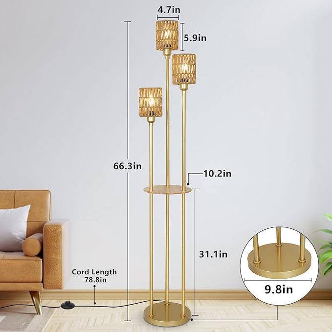 Boho Floor Lamp with Shelves, 3-Lights Farmhouse Tall Floor Lamp with ON/Off Foot Switch, Gold Modern Floor Lamps with Rattan Shades, Rustic Standing Lamp for Living Room, Bedroom, Office