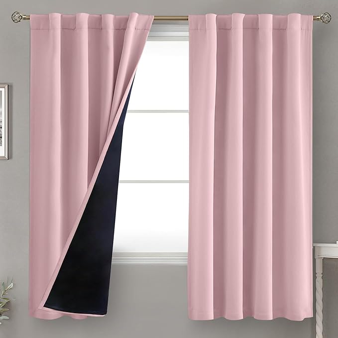 BGment Pink 100% Blackout Curtains 63 Inches Long with Thermal Insulated Liner, Rod Pocket and Back Tab Double Layer Full Room Darkening Window Curtain for Bedroom, 2 Panels,Each 38 x 63 Inch