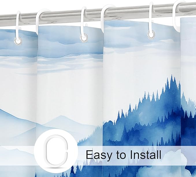 Navy Blue Small Stall Misty Pine Forest Shower Curtain 36 x 72, Mountain Foggy Woodland Scenery Tree Narrow Half Size Shower Curtains for Bathroom, Abstract Waterproof Nature-Themed Decor