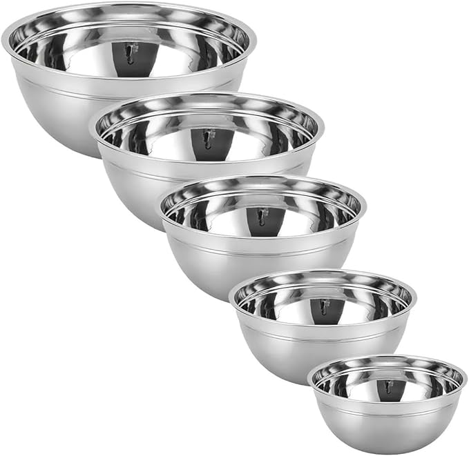 Set of 5 Stainless Steel Mixing Bowls with Plastic Lids – Nesting Design for Space-Saving Storage, Ideal for Cooking, Baking, and Food Storage