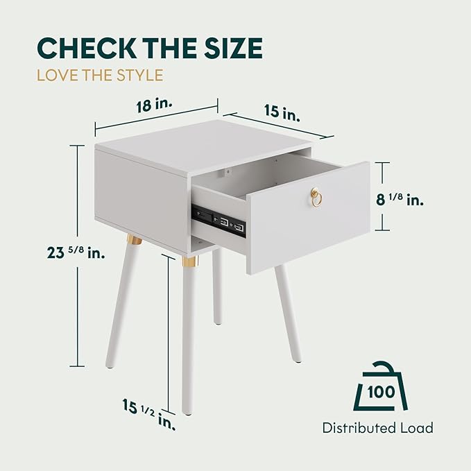 Bme Alden Wood Nightstand, Solid Wood End Table, Mid Century Modern Nightstand, Side Table with 1 Drawer, Compact for Bedroom, Living Room & Study Room, Easy Assembly, Ivory White