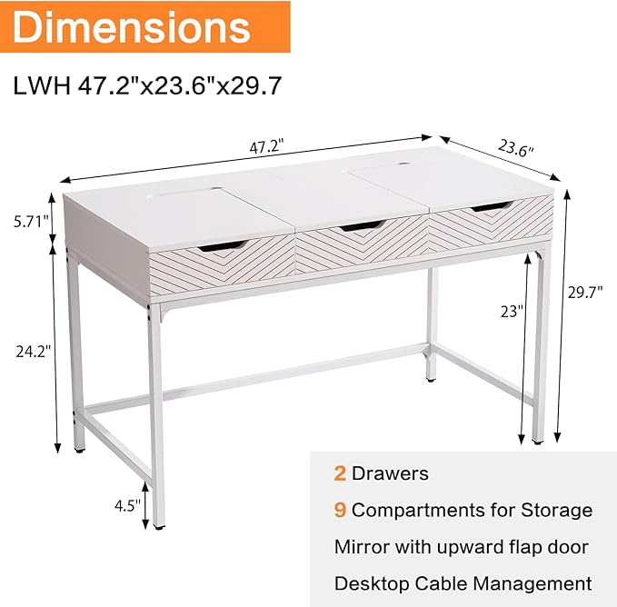TEKAMON 47" Makeup Vanity Desk with Mirror，Girls Vanity Dressing Table for Bedroom, Wood Home Office Desk with 2 Drawers, Writing Study Desk with Cable Management, White